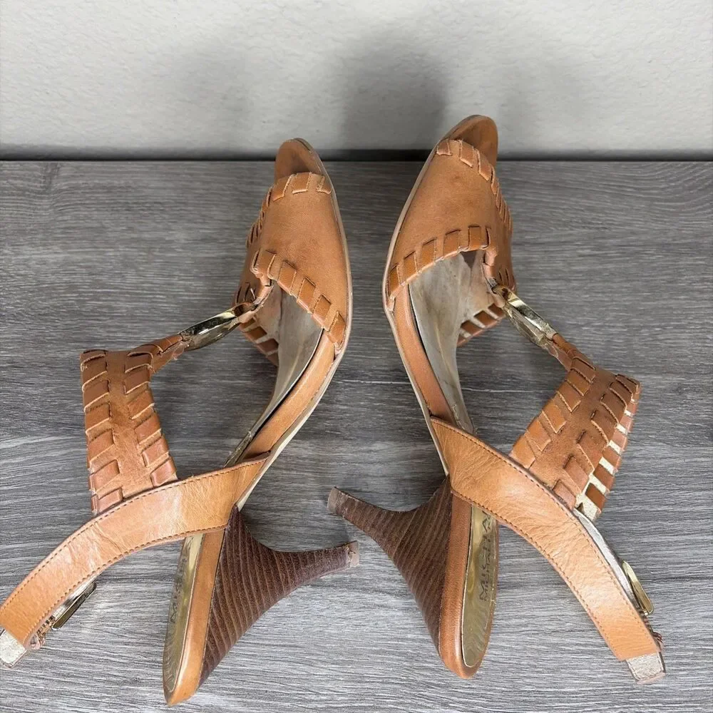 MICHAEL KORS Kalle T Strap Womens Brown Leather Heels Sandals 6.5 Whip Stitch